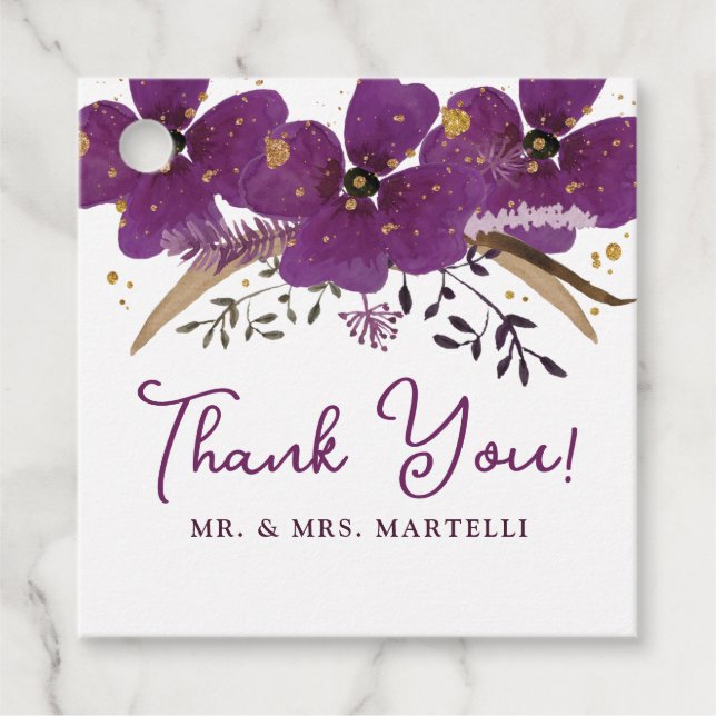 Lila Aquarellfarben-Blume und Gold-Glitzer Geschenkanhänger (Vorderseite)