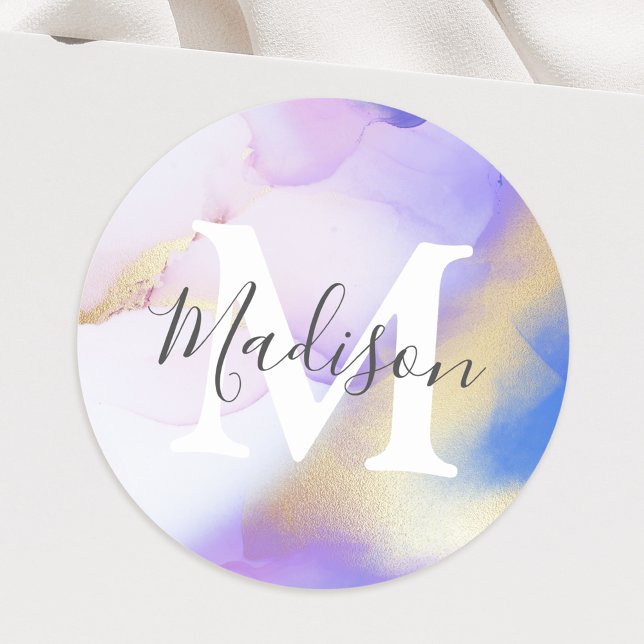 Lila Aquarellfarben-Glam-Monogramm für den Persona Runder Aufkleber (Von Creator hochgeladen)