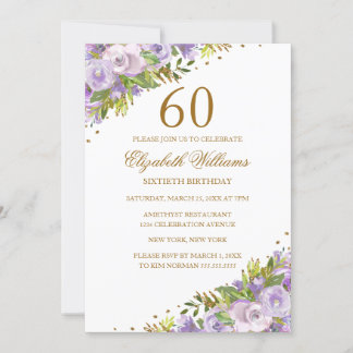 Lila Aquarellfarben Gold 60. Geburtstag Einladung