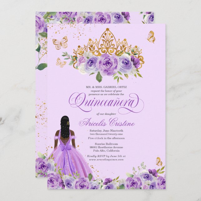 Lila Aquarellfarben Rose Schmetterlinge Quinceañer Einladung (Vorne/Hinten)