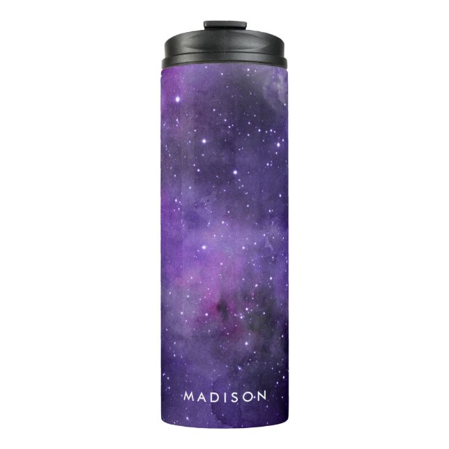Lila Aquarellgalaxie Personalisiert Thermosbecher (Vorderseite)