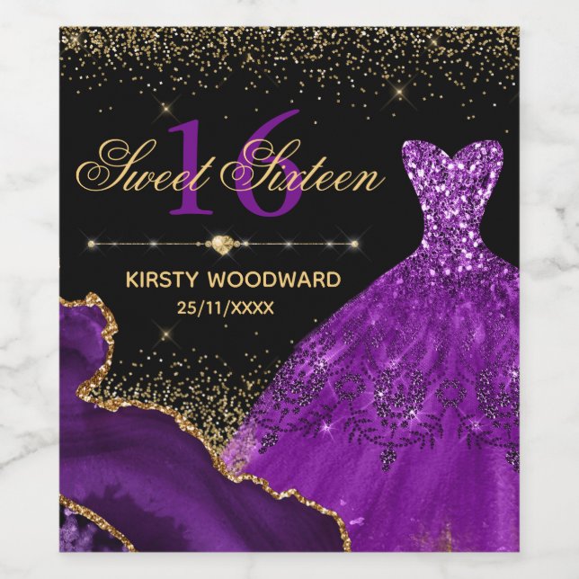 Lila Aquarellkleid und Glitzer-Agros Süß 16 Weinetikett (Einzelnes Label)