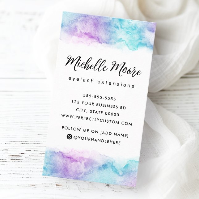 Lila Aquarelllogo Visitenkarte (Vertical business card  with purple aqua  blue watercolor borders and custom logo)