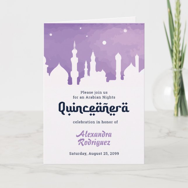 Lila arabische Nächte Wasserfarbe Quinceñera Einladung (Vorderseite)