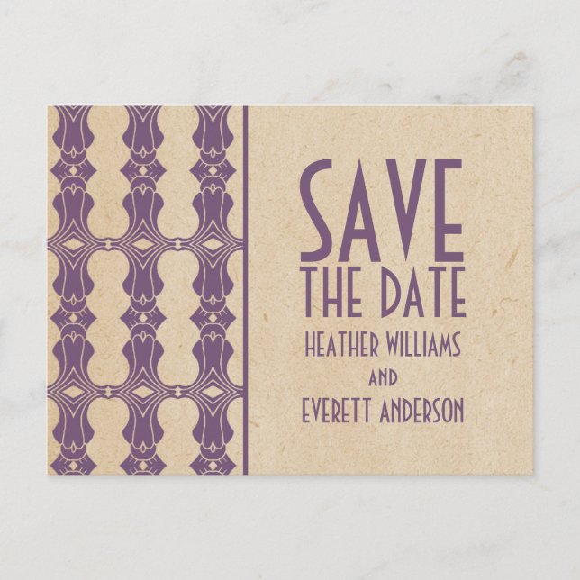 Lila Art Deco Border Save the Date Postkarte (Vorderseite)