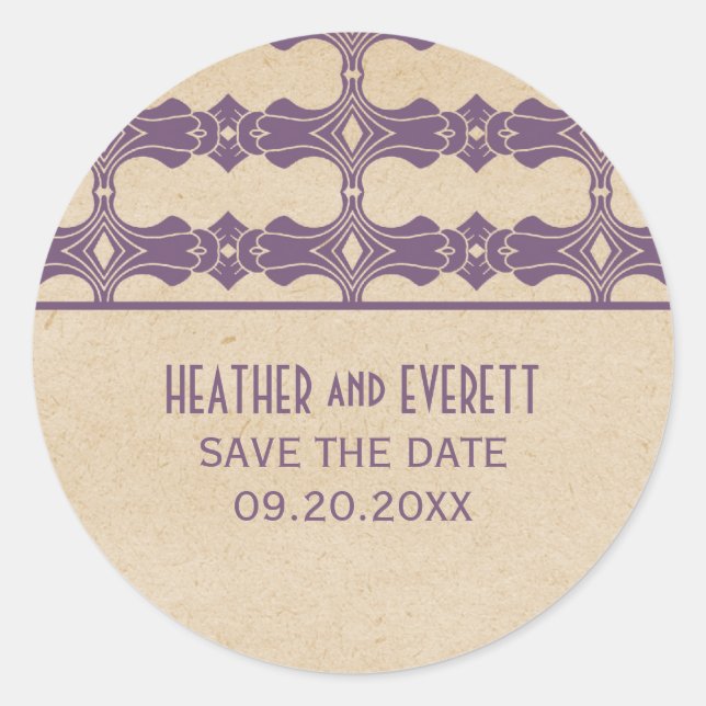 Lila Art Deco Border Save the Date Stickers (Vorderseite)