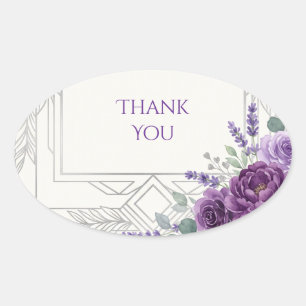 Lila Art Deco Floral Danke Ovaler Aufkleber