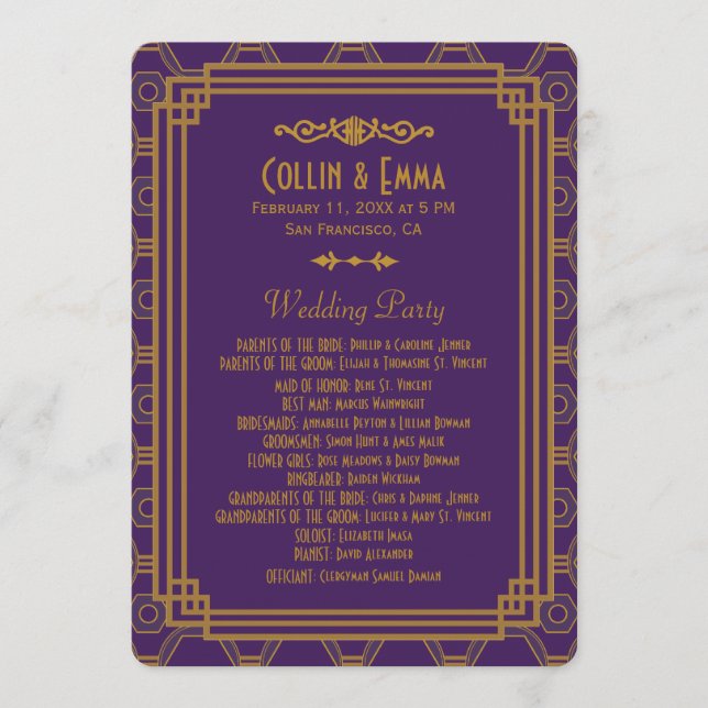 Lila Art Deco Hochzeitsprogramme Programm (Vorderseite)