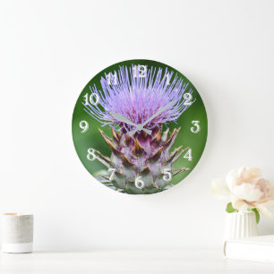 Lila Artischocken-Distel-Blütenkopf-Blume Große Wanduhr