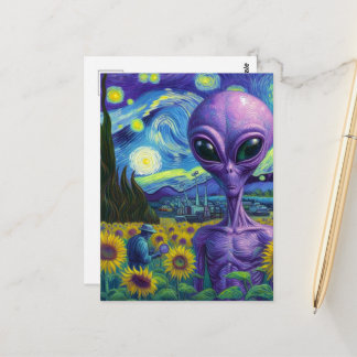 Lila Außerirdischer auf einem künstlichen Van Gogh Postkarte