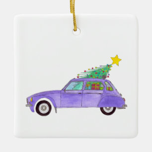 Lila Auto mit Weihnachtsgeschenken Keramikornament