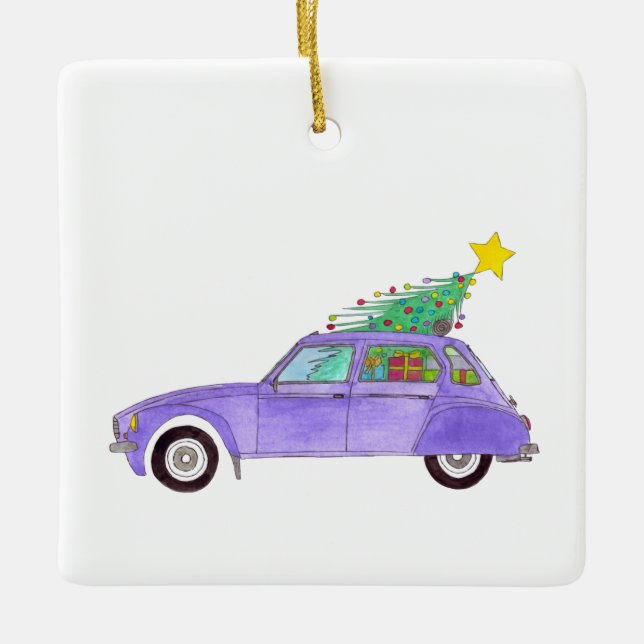 Lila Auto mit Weihnachtsgeschenken Keramikornament (Vorderseite)