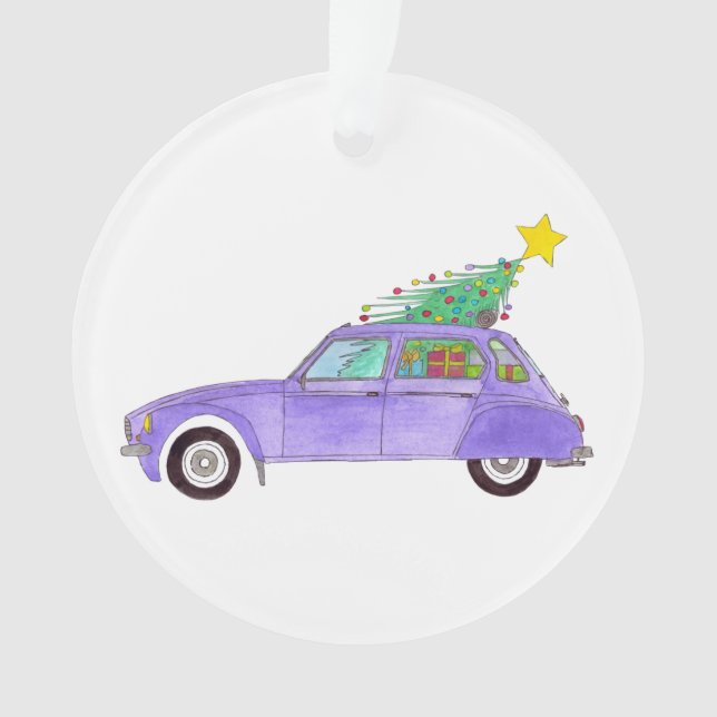 Lila Auto mit Weihnachtsgeschenken Ornament (Vorderseite)