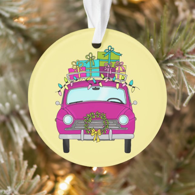 Lila Auto mit Weihnachtsgeschenken Ornament (Baum)