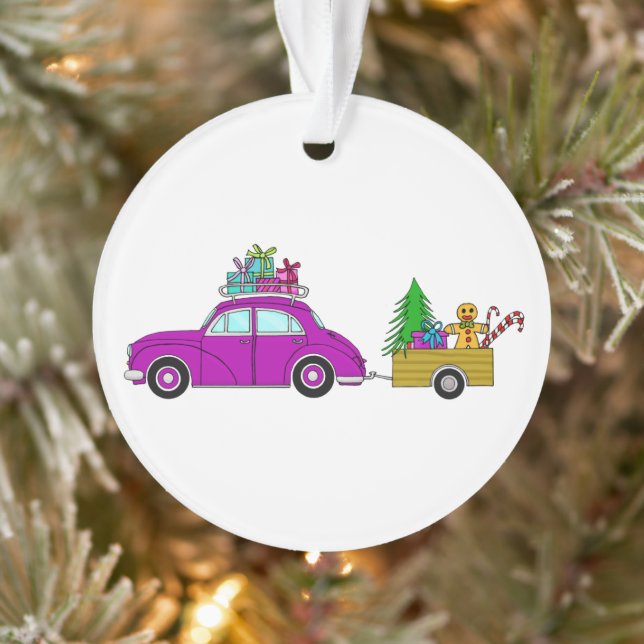 Lila Auto mit Weihnachtsgeschenken Ornament (Baum)