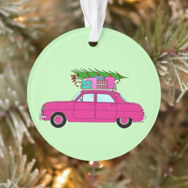 Lila Auto mit Weihnachtsgeschenken Ornament (Baum)