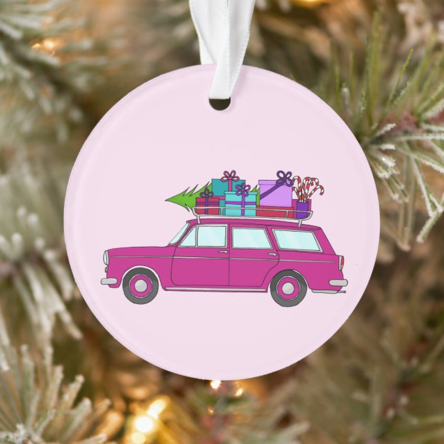 Lila Auto mit Weihnachtsgeschenken Ornament (Baum)