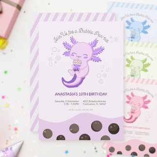 Lila Axolotl Bubble Boba Tee Mädchen Geburtstag Einladung