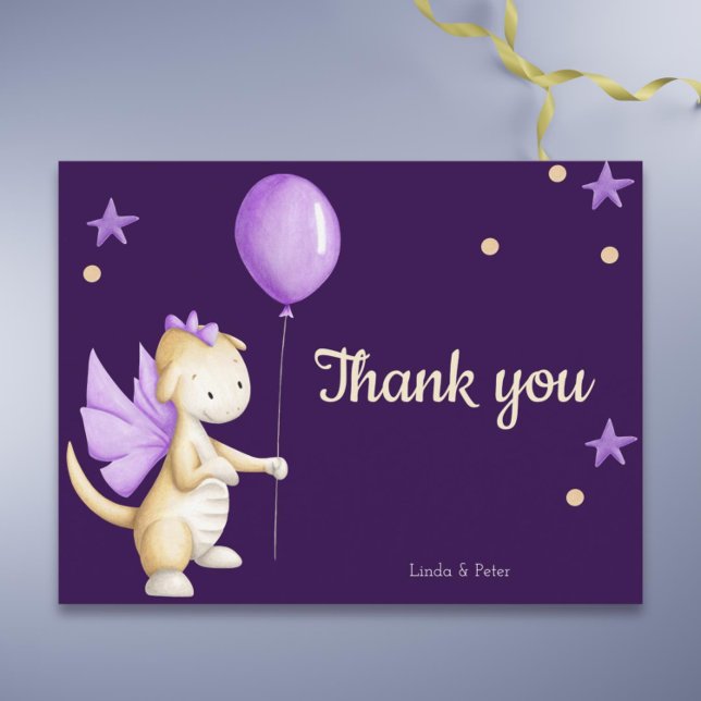 Lila Baby Dragon Danke Girl Baby Dusche Postkarte (Cute purple dragon thank you baby shower postcard)