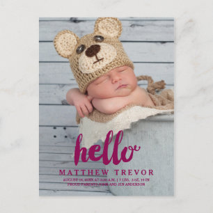 Lila Baby-Geburts-Mitteilungs-Postkarte hallo Ankündigungspostkarte