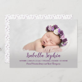 Lila Baby Girl Foto Birth Ankündigung