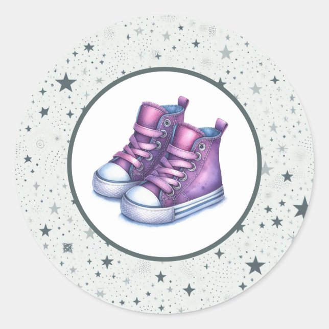 Lila Baby High Tops Babydusche Runder Aufkleber (Vorderseite)