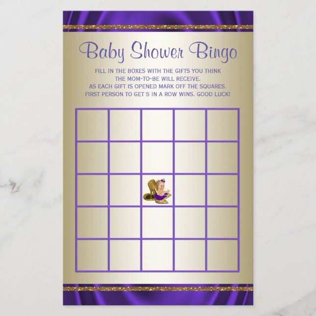 Lila Baby Shower Bingo Girl Showspiele (Vorderseite)