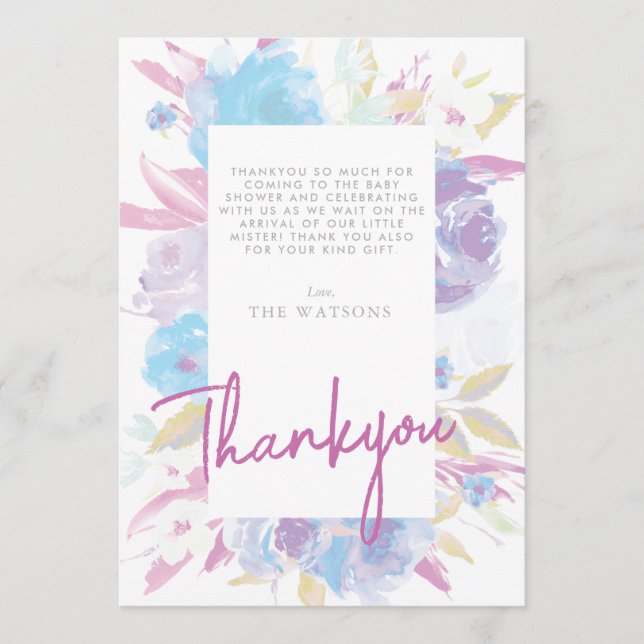 Lila Babydusche Dankeskarte (Vorderseite)