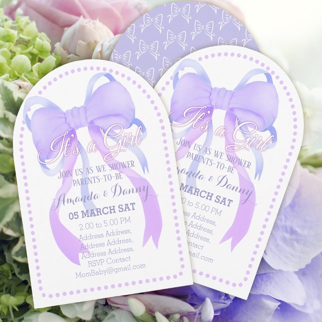 Lila Babydusche Einladung (Lovely Purple Ribbon Baby Girl Shower Arch Card Design.)