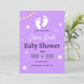 Lila Babyparty-Einladung mit Babyfüßen. Einladung