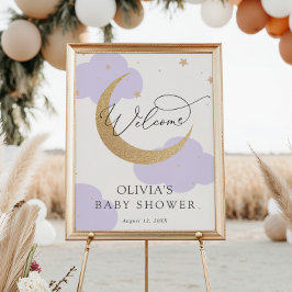 Lila Babyparty-Willkommensschild Mond und Sterne Poster