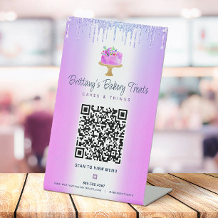 Lila Bäckerei QR-Code-Scan-Menü Kuchen Glitter-Tro Sockelschild