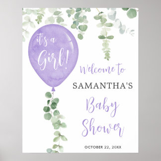 Lila Ballon Eukalyptus Babydusche Begrüßungszeiche Poster