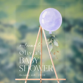 Lila Ballon, Eukalyptus, Babydusche Willkommen Acrylschild