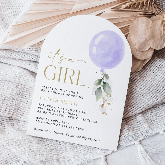 Lila Ballon, Eukalyptus, Grünpflanzen, Babydusche Einladung (Von Creator hochgeladen)