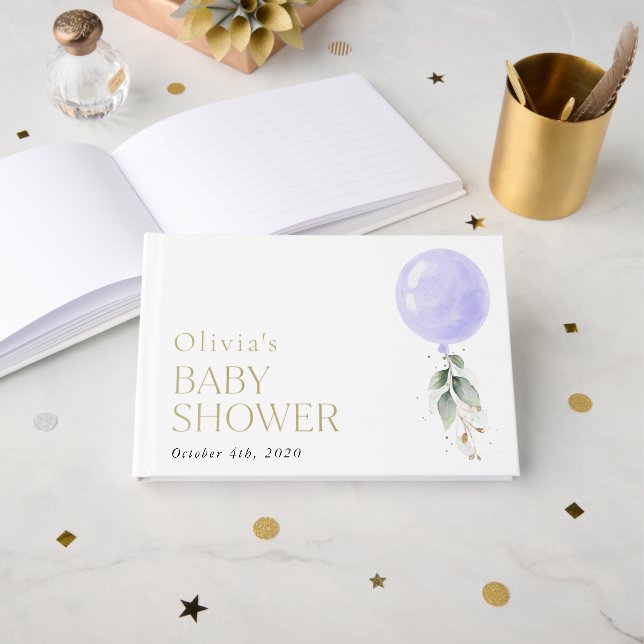 Lila Ballon, Eukalyptus, Grünpflanzen, Babydusche Gästebuch (Vorderseite Offen)