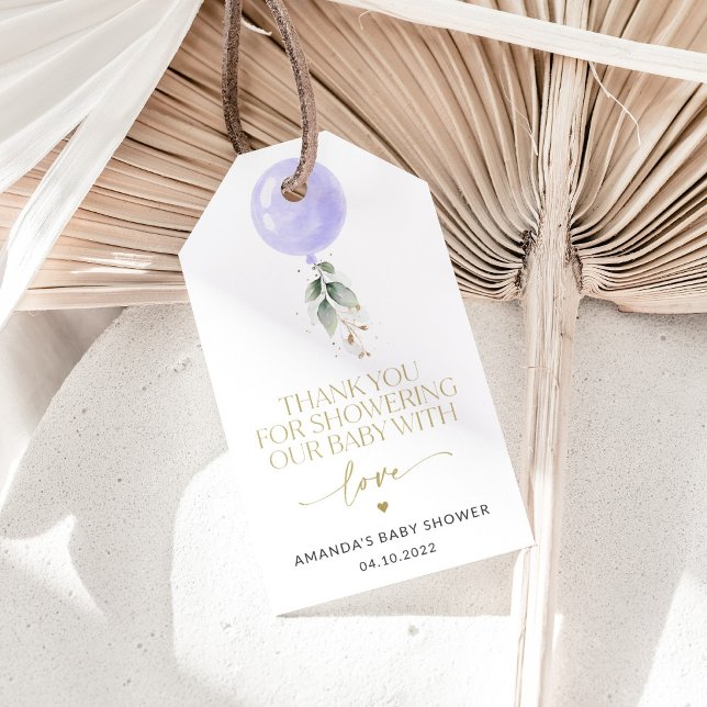 Lila Ballon, Eukalyptus, Grünpflanzen, Babydusche Geschenkanhänger (Von Creator hochgeladen)