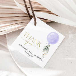 Lila Ballon, Eukalyptus, Grünpflanzen, Babydusche Geschenkanhänger