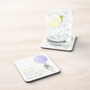 Lila Ballon, Eukalyptus, Grünpflanzen, Babydusche Getränkeuntersetzer