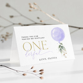 Lila Ballon, Grün, Foliage, erster Geburtstag Dankeskarte