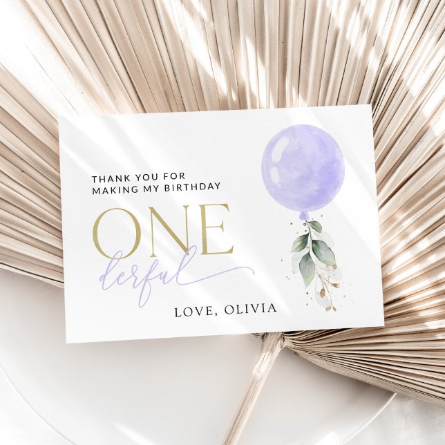 Lila Ballon, Grün, Foliage, erster Geburtstag Dankeskarte (Von Creator hochgeladen)