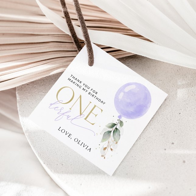 Lila Ballon, Grün, Foliage, erster Geburtstag Geschenkanhänger (Von Creator hochgeladen)