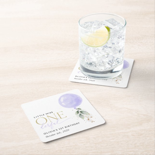 Lila Ballon, Grün, Foliage, erster Geburtstag Rechteckiger Pappuntersetzer (Vor Ort)