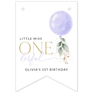 Lila Ballon, Grün, Foliage, erster Geburtstag Wimpelkette