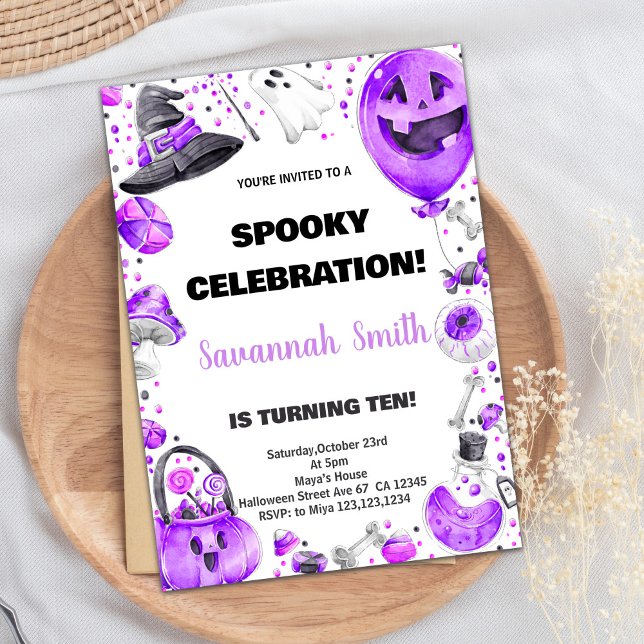 Lila Ballon Halloween Geburtstagseinladungen Einladung (Purple Ballon Halloween Birthday Invitations)