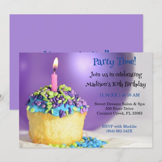 Lila Balloon blauer Kuchen Geburtstag Einladung (Vorne/Hinten)