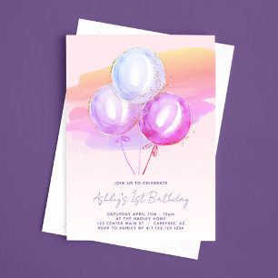 Lila Balloons Girls 1. Geburtstag Einladung