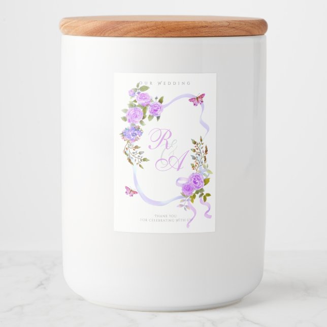 Lila Band Monogramm-Hochzeit  Lebensmitteletikett (Vorderseite)