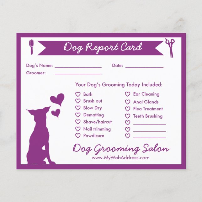 Lila Banner Silhouette Dog Grooming Report Card (Vorderseite)