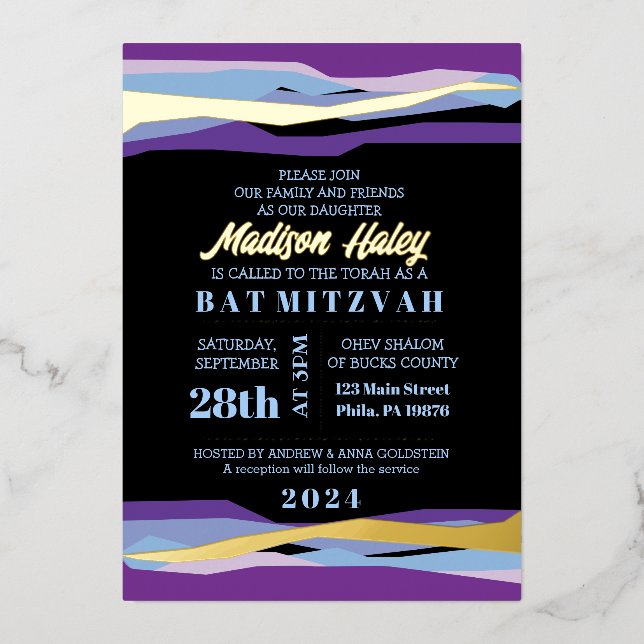 Lila Bar Bat Mitzvah Einladung mit Goldfolie (Vorderseite)
